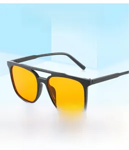 Front view of square aviator sunglasses with orange lenses and black double bridge frame