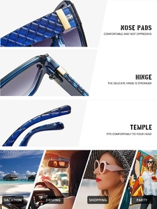 Detail view of quilted texture temples and golden hinges on square frame sunglasses