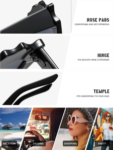 Detailed macro view of black chunky frame sunglasses with nose pads and sturdy hinges