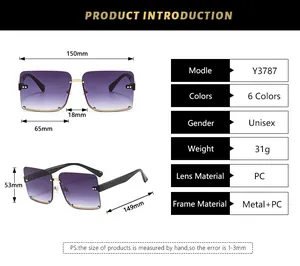 Detailed size chart for Y3787 square half-frame sunglasses with precise measurements