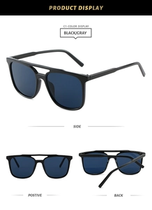 Detailed views of square aviator sunglasses with matte black frames and blue lenses