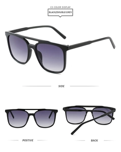 Three-way view of square aviator sunglasses with black frame and double grey gradient lenses