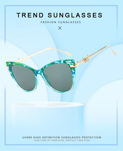 Detailed view of cat eye sunglasses with butterfly metal hinge and UV400 protection