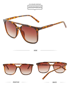 Three-way view of leopard aviator sunglasses with brown gradient lenses and double bridge