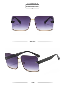 Detail view of square rimless sunglasses with purple gradient lenses and metal studs