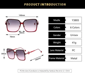 Detailed size chart for square metal sunglasses with dimensions and frame specifications
