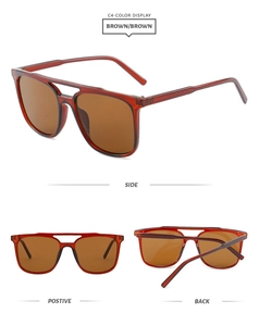 Detail view of brown vintage square aviator sunglasses with a double bridge design
