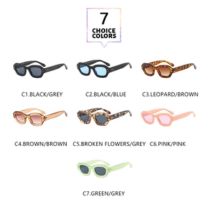 Collection of seven retro square sunglasses in diverse colors and patterns