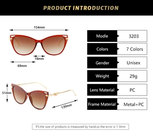 Detailed size chart and side view of cat eye sunglasses with butterfly metal hinge decor