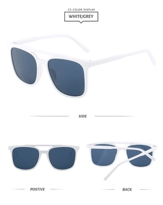 Square aviator sunglasses with white frame and grey lenses in multiple view angles