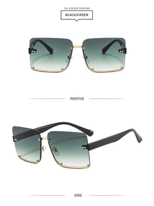 Detail view of half-frame square sunglasses with gradient lenses and metal rivet accents