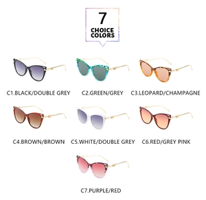 Cat eye sunglasses collection with metal temples in 7 colors on white background
