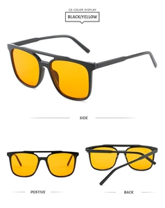Three-way view of retro double-bridge pilot sunglasses with black frame and yellow lenses
