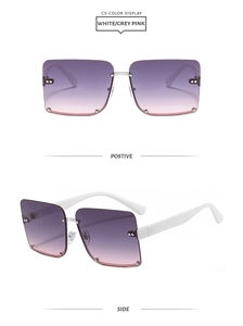 Detail view of semi-rimless square sunglasses with purple-pink gradient lenses and white temples
