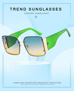 Détail de lunettes de soleil carrées avec verres dégradés bleu-jaune et branches vertes