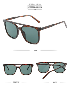 Detail view of leopard print square pilot sunglasses with dark green lenses in multiple angles