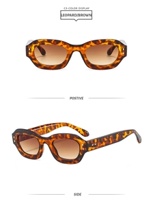 Macro detail of retro leopard print frame with brown gradient lenses and rivet hinges