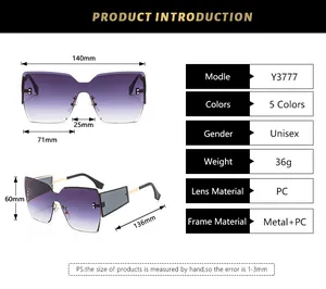 Detailed size chart for rimless oversized sunglasses showing dimensions and PC lens specs