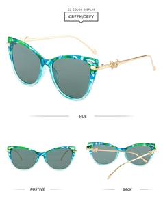 Three-view display of cat-eye sunglasses with green marble frames and gold butterfly temples