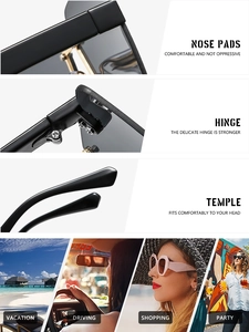 Detail of metal hinges, nose pads, and ergonomic temples of square half-frame sunglasses
