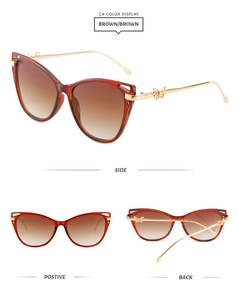 Detailed views of tortoiseshell cat eye sunglasses with golden butterfly metal temples