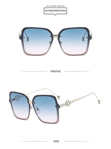 Detail of square oversized metal sunglasses with gradient lenses and diamond-encrusted temple