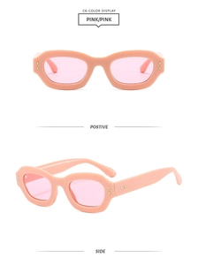 Retro thick-frame sunglasses in soft pink with side metal rivet details and color display
