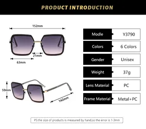 Size chart showing 152mm frame width and PC lens specifications for square sunglasses
