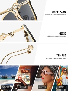 Detailed views of luxury square metal sunglasses with V-shape diamonds and usage scenes