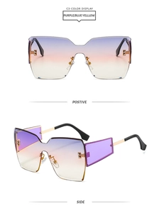 Close-up of oversized rimless sunglasses featuring purple-blue-yellow gradient lenses