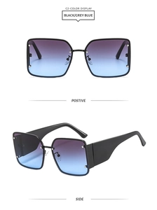 Vues détaillées de lunettes de soleil carrées avec verres dégradés bleu et violet