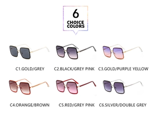 Detailed grid of oversized square metal sunglasses in six vibrant color gradients