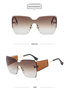 Detail view of oversized rimless sunglasses featuring brown gradient lenses and metal arms