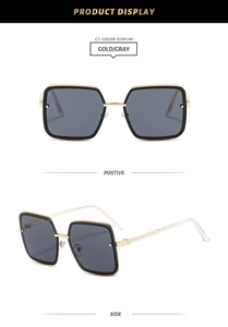 Detail view of square gold and black metal sunglasses with grey lenses in various angles