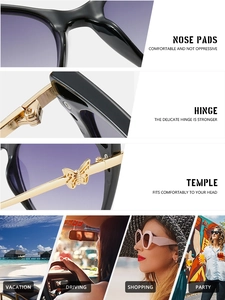 Detailed views of butterfly hinges and purple gradient lenses on cat eye sunglasses