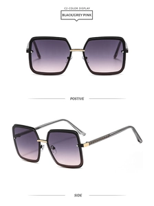 Front and side views of oversized square metal sunglasses with purple-pink gradient lenses