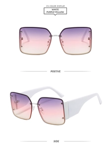 Détail de lunettes de soleil carrées sans monture avec verres dégradés et branches blanches