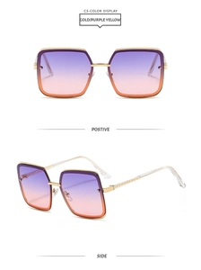 Front and side view of gold square metal sunglasses with purple-orange gradient lenses