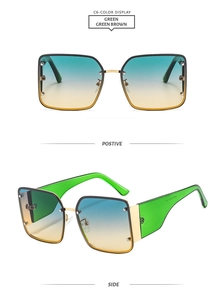 Vues de face et de côté de lunettes de soleil carrées avec verres dégradés vert jaune