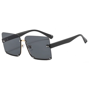 Modern rimless square sunglasses with dark grey lenses and gold metal nose bridge