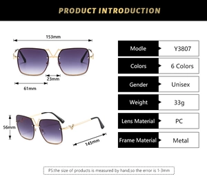 Detailed size specifications for square metal sunglasses with V-shaped diamond accents