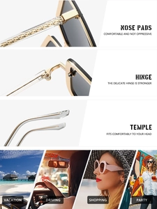 Detail of metal square frame sunglasses with reinforced hinges and nose pads