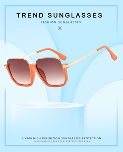 Detail of square orange sunglasses with metal temples and UV400 protection lenses