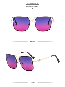 Detailed close-up of V-shaped gold metal frame sunglasses with gradient tinted lenses