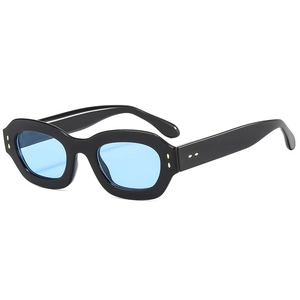 Trendy retro oval sunglasses with thick black frames and translucent blue lenses