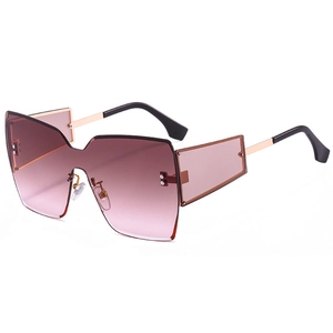 Fashionable oversized rimless sunglasses with gradient purple lenses and gold metal temples