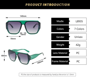 Detailed technical specifications and sizing diagram for large square retro sunglasses