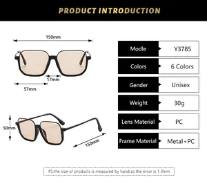 Detailed size specifications for rectangular sunglasses with PC lenses and metal frame