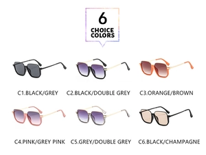 Collage of square sunglasses in six color options featuring slim metal temples