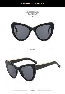 Vues de face et de profil de lunettes de soleil œil-de-chat noires avec détails en métal doré